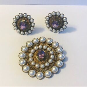 Vintage Statement Set purple & gold earrings & brooch